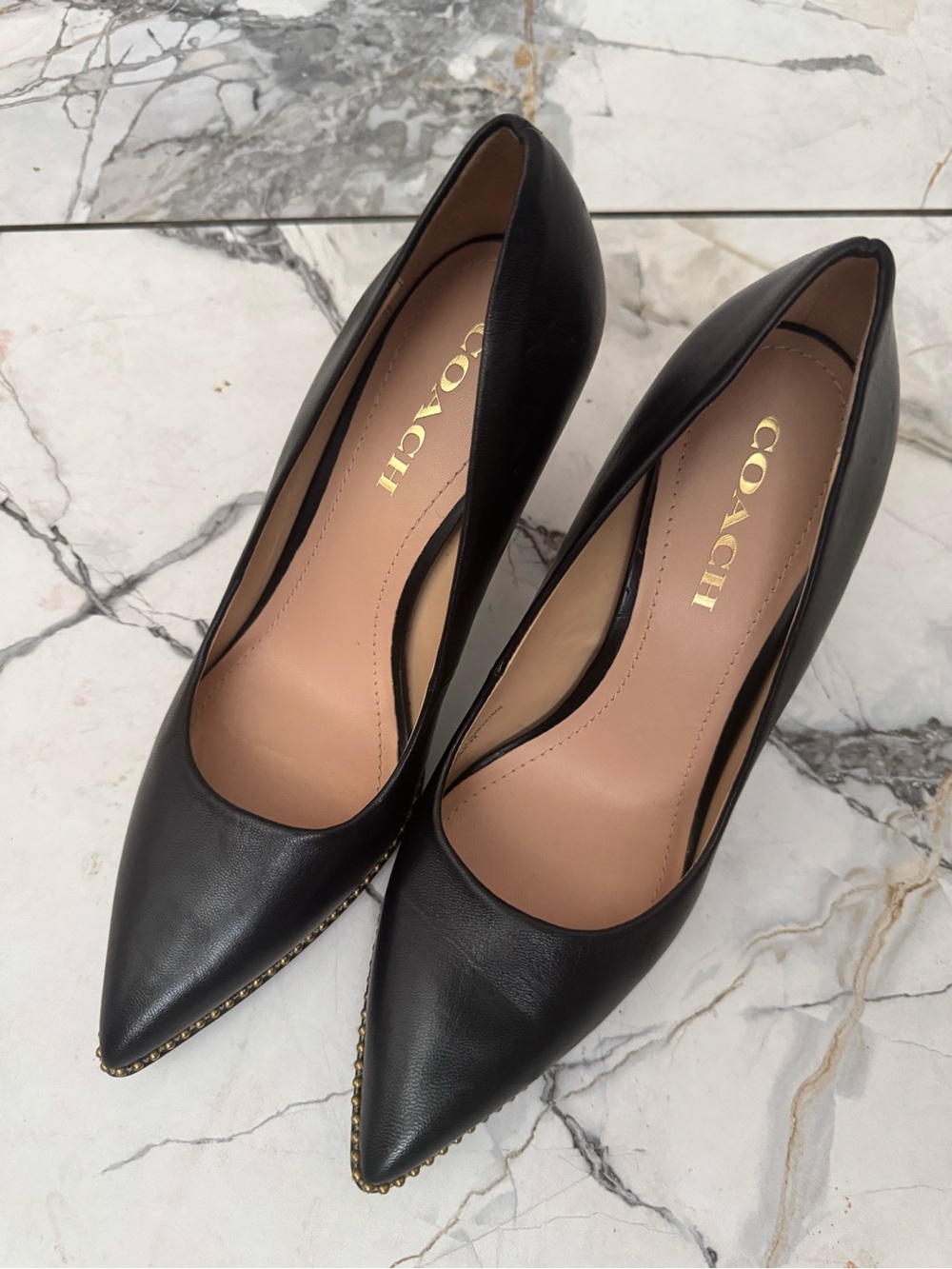 Coach Black Leather Pointed Toe Pumps with Gold Trim
